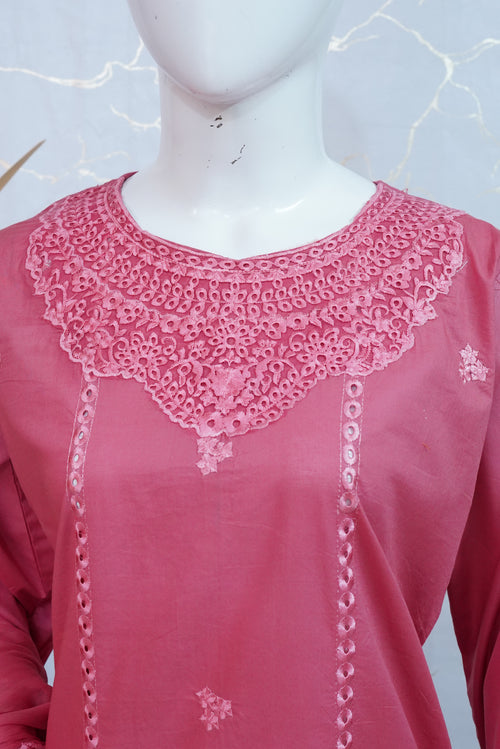 35% Off Rossette- Coral Pink 3 Piece Premium Cotton Lawn Embroidered Dress